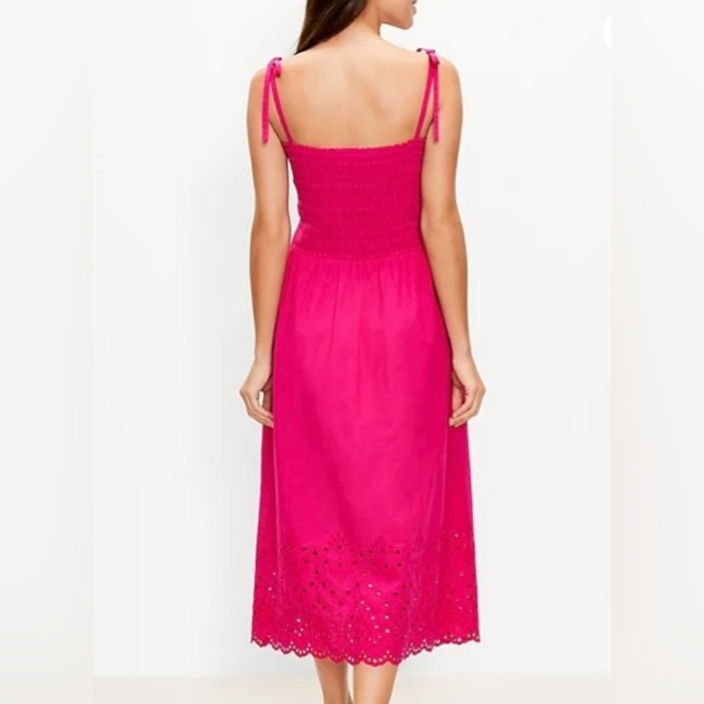 LOFT Bright Pink Smocked Smocked Eyelet Dress - Picture 3 of 9